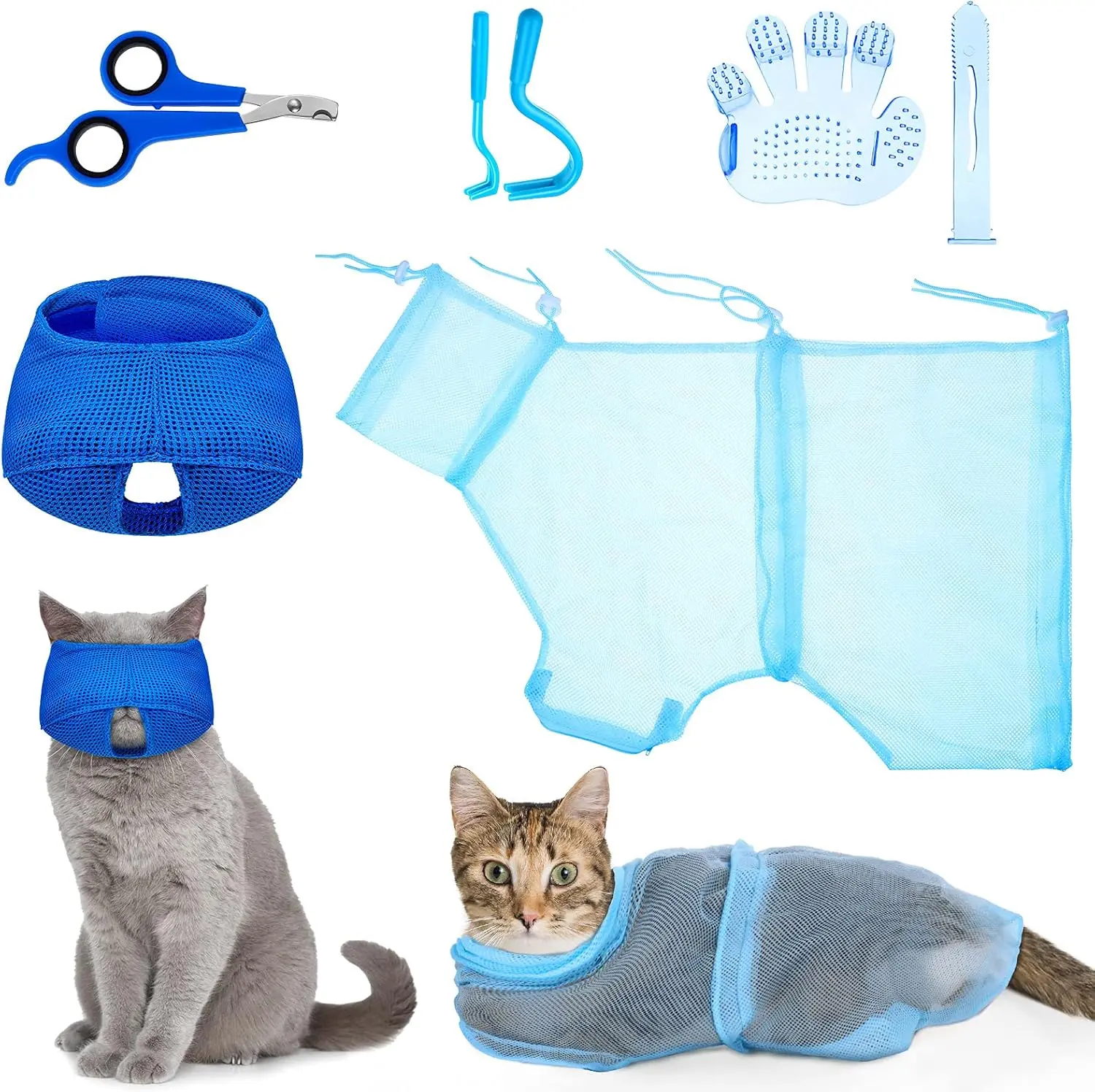5 Pcs Cat Bathing Bag Set Cat Grooming Bag Adjustable Pet Shower Net Muzzles Nail Clipper Tick Remover Tool Massage Brush(Blue)