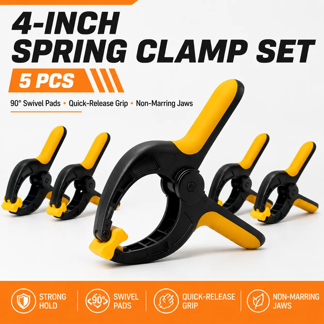 TOOLAZO 4 in Spring Clamps with 90° Swivel Pads, Nylon Hand Clamps for Woodworking, Picture Frames, Photo Backdrops, Crafts, Canvas, Model Making, Painting, Gluing, Home, Garage and Workshop Projects