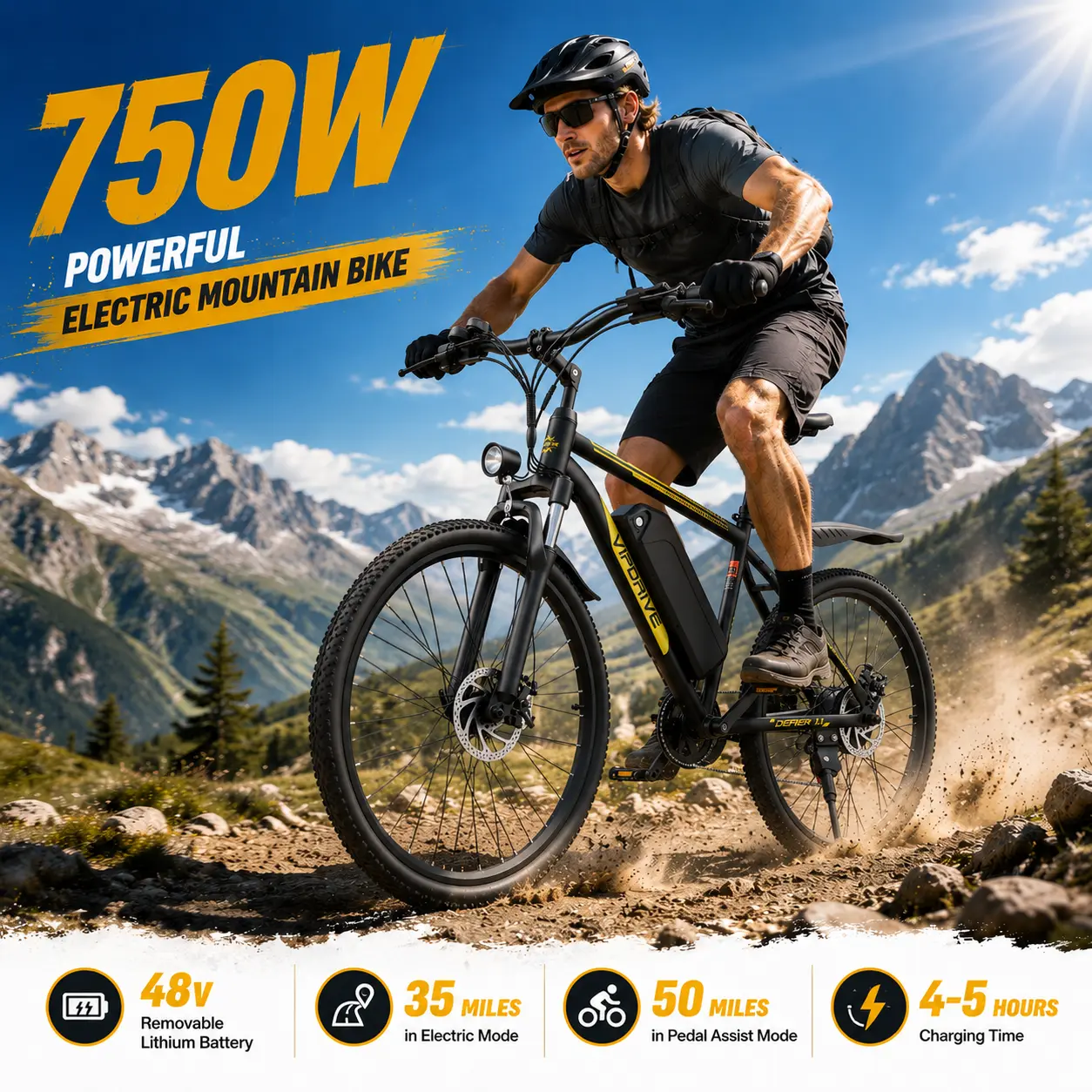 VIPDRIVE 750W Electric Mountain Bike for Adults, 22 MPH, Up to 50 Miles PAS Range, 48V Removable Battery, 26-Inch All-Terrain Tires, Full Suspension, 7-Speed, LCD Display, Dual Disc Brakes, 5 Riding Modes, TikTok Shop Back to School