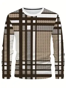 Men's striped color block print crew neck long-sleeved T-shirt, casual and stylish outdoor street sportswear for spring and autumn, suitable for everyday wear Athletic sports clothing