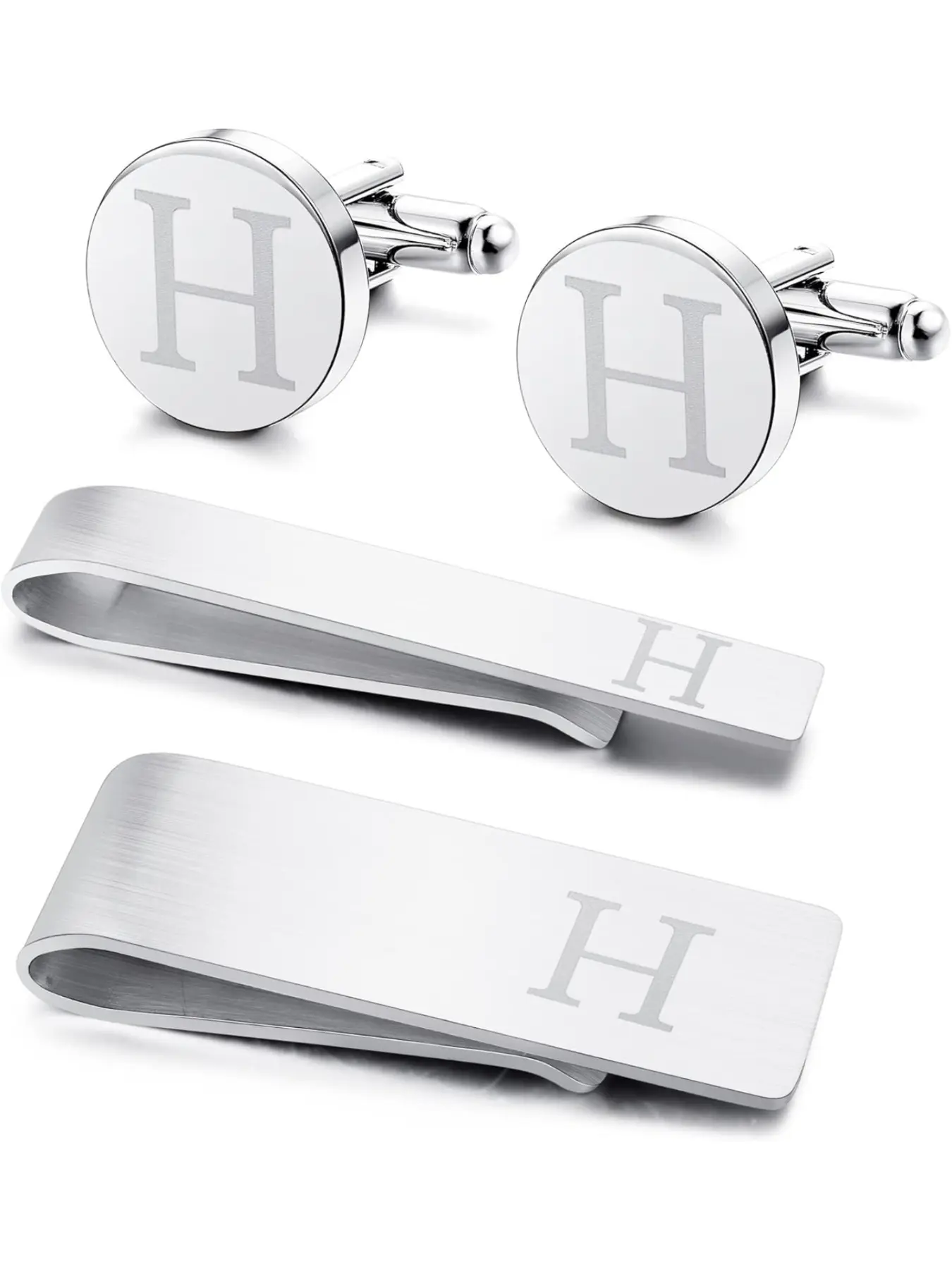 4 PCS Initial Cufflinks and Tie Clips for Men Stainless Steel Personalized Engraved Cufflinks and Tie Bar Money Clip Set Alphabet Letter A-W with Gift Box