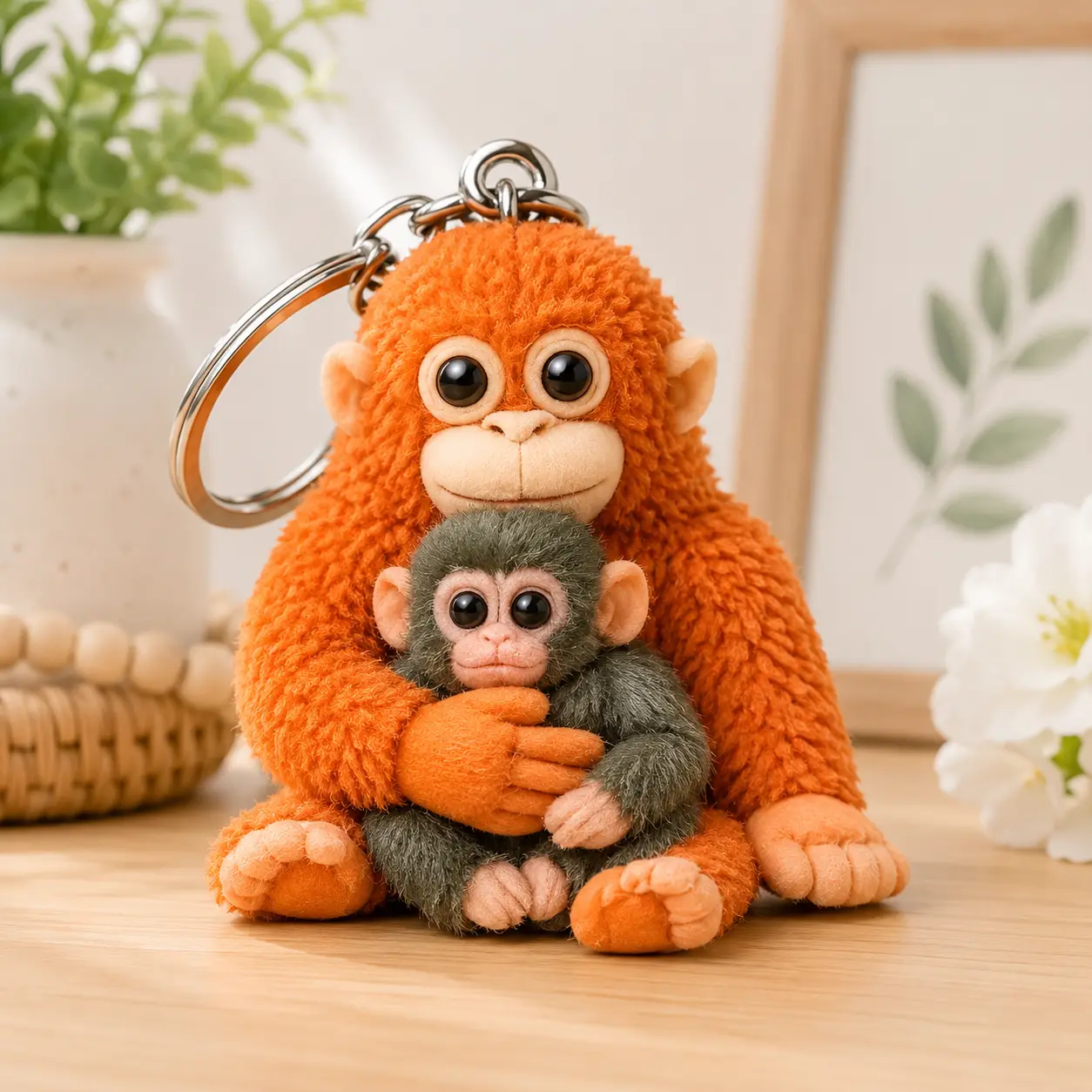 Cute Mother & Baby Monkey Keychain – 3D Cartoon Fuzzy Plush Bag Pendant for Backpack Purse Keys
