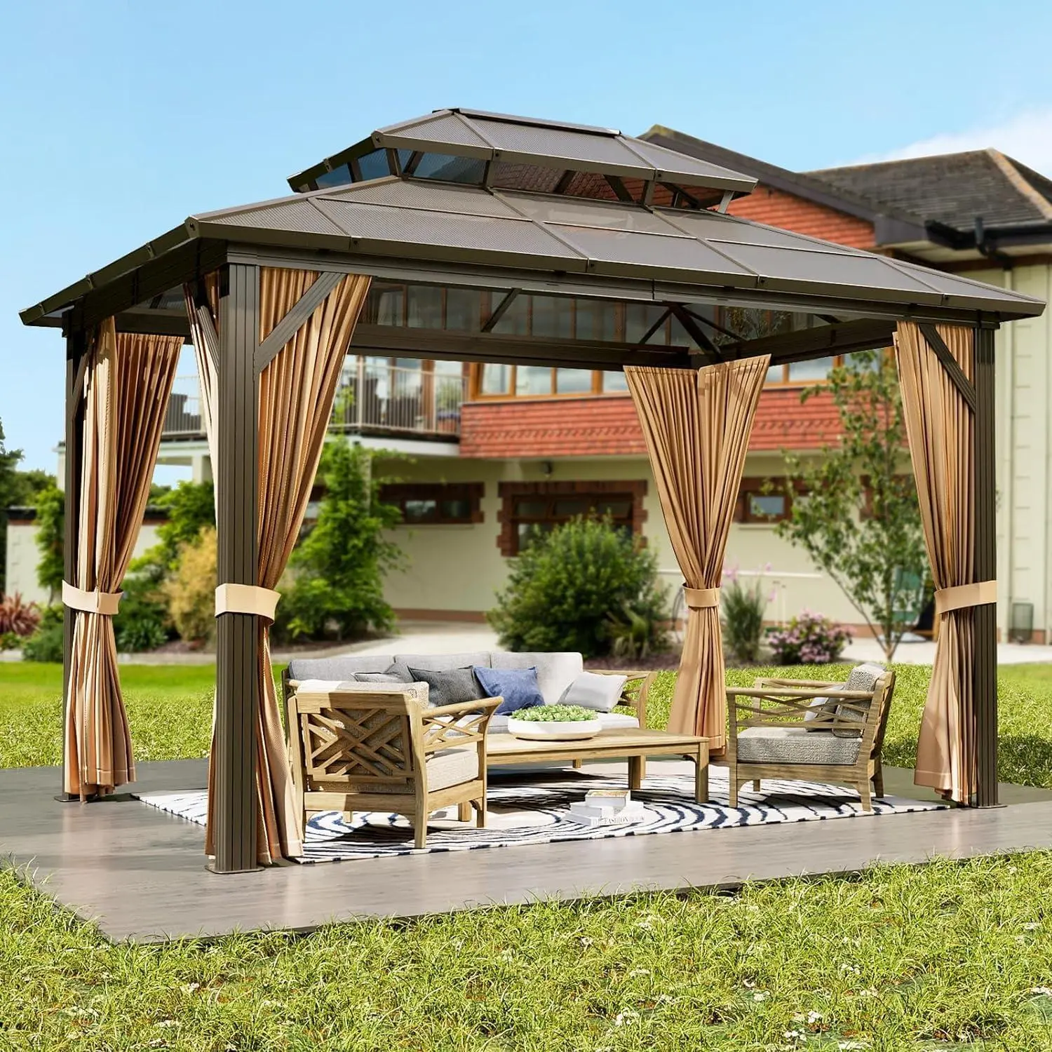 10'x12' Hardtop Gazebo, Outdoor Polycarbonate Double Roof Canopy, Aluminum Frame Permanent Pavilion with Curtains and Netting, Sunshade for Garden, Patio, Lawns