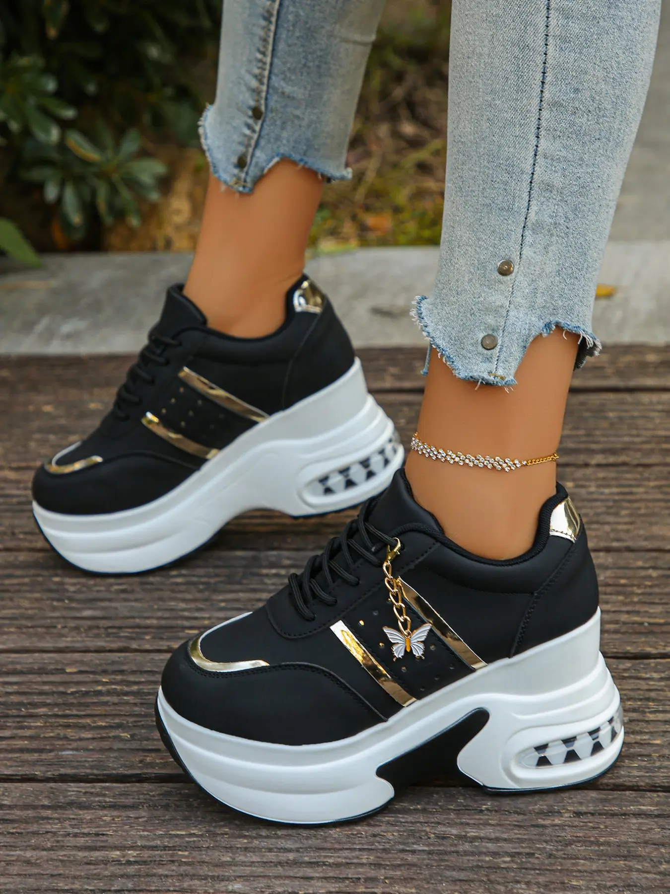 Women's Platform Wedge Casual Athletic Trainer Sneakers, Casual Trendy Trainers, Removable Butterfly Pendant, Comfortable Lightweight Non-Slip Slip-On Shoes, Essential for Petite Ladies, Fashion Style, Lace Up, Casual Trainer Footwear