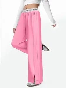 High-Waisted Side Slit Wide Leg Pants for Women, Flowy Ribbed Straight Leg Trousers, Slimming and Tall, Casual Daily Wear