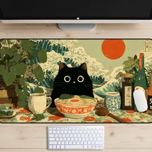 [Sale up to 50%] [Free Ship] Vintage Japanese Ramen Shop Desk Mat, Black Cat Desk Pad, Cute Ramen Shop Desk Topper, Retro Japan Anime Mousepad