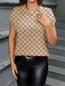 Geometric Print Round Neck Sweater, Casual Short Sleeve Fitted Knitwear for Spring Summer Fall, Comfortable Warm Women's Clothing