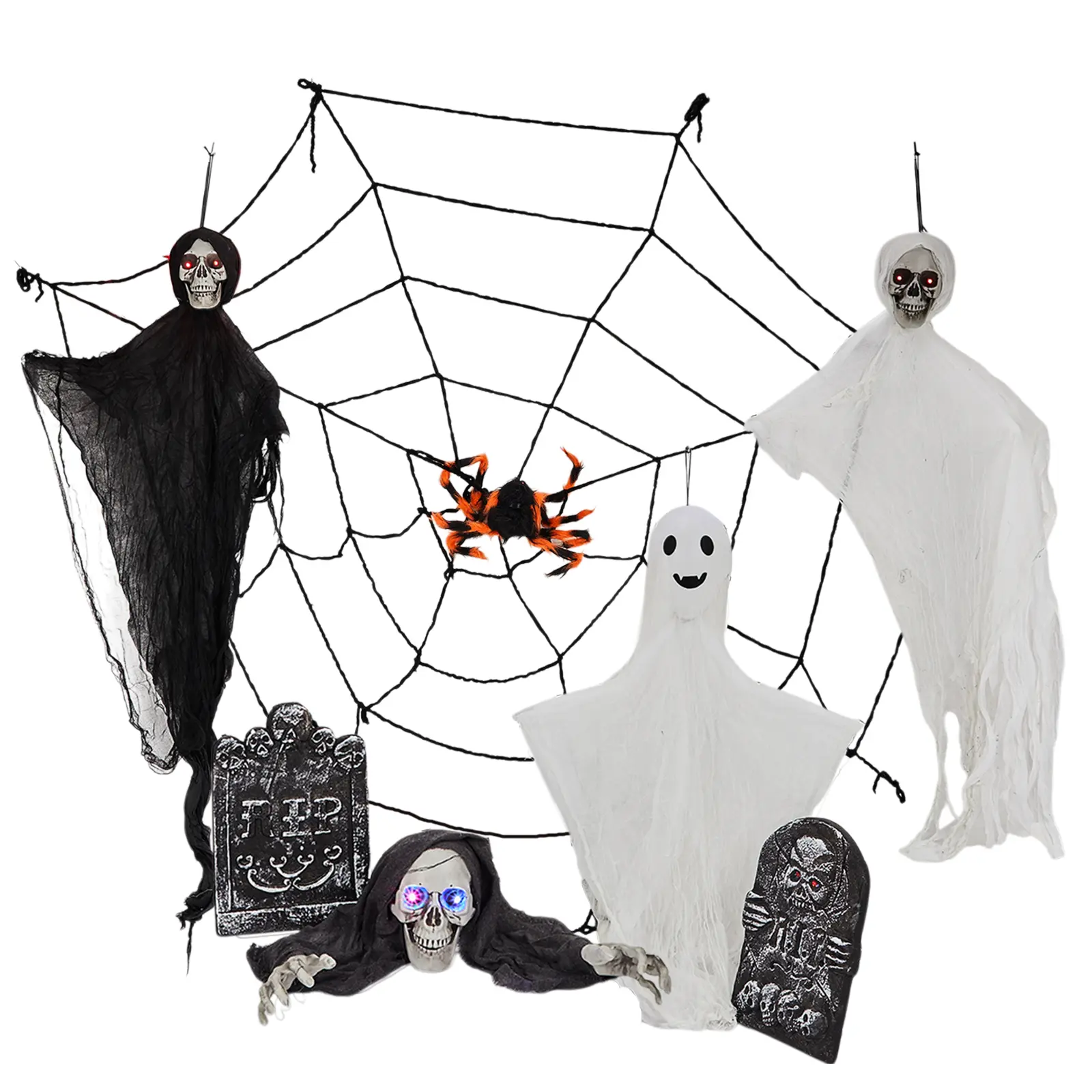 Ubesgoo Outdoor Halloween Decorations 8-Piece Set, Hanging Ghosts Decor and Cobweb and Gravestone with Lighted Up Eyes, Scary Swinging Ghost Flying for Yard Patio Lawn Garden
