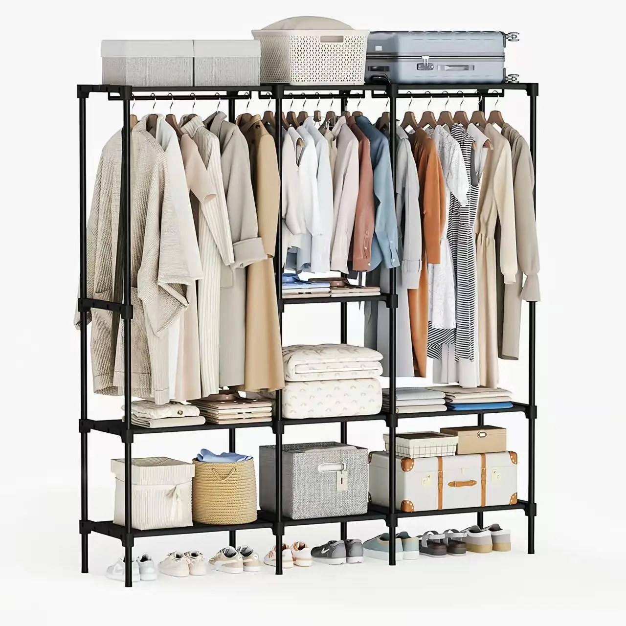 Portable Wardrobe Closet with Hanging Rods, 74.5 Inch Wide Clothing Rack with Shelves – Heavy Duty Freestanding Clothes Rack, Removable Dividers, Anti-Tip Kit, Tool-Free Assembly, Holds 44lbs on Rod & 22lbs Per Shelf