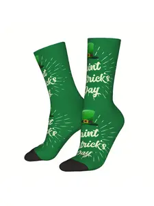 BIIHUDU Men's Saint Patrick's Day Socks - Full-Body Clover & Leprechaun Hat Print, Vibrant Green with Black Toe Cap, Comforta