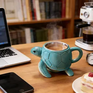 3D Sea Turtle Ceramic Mug, Blue Green Ocean Style Coffee Cup, Small 5.07oz Water Mug Drinking Cup, for Home Office Outdoor Camping, Creative Birthday Valentine's Day New Year Gift for Friends, Drinkware