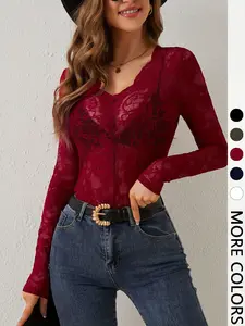 Women's Sheer Floral Lace V-Neck Long Sleeve Blouse, Elegant Y2K Style, Perfect for Parties and Daily Wear, True to Size, Spring Fashion