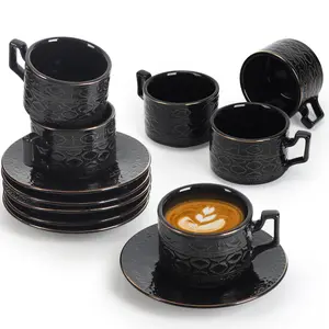 Black Tea Cups and Saucers Set of 6 Porcelain Vintage Embossed Tea Set for Espresso Coffee Mocha Cappuccino for Cafe Mocha Tea Mother's Day Gift Thanksgiving Christmas Present