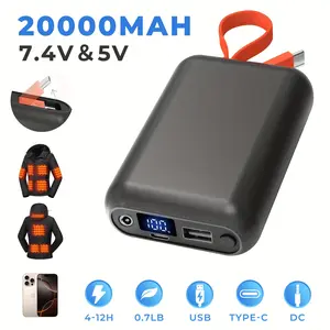 Heated Vest Battery Pack 20, 000mAh 7.4V/ 5V, Battery Pack for Heated Vest, DC/USB-C & A Ports, LED Display, Built-in USB-C Cable, Fast Charging, for Heated Clothing, Heated Blanket, Coat, Sleeping Bag,  Portable Power Source, Lightweight Design