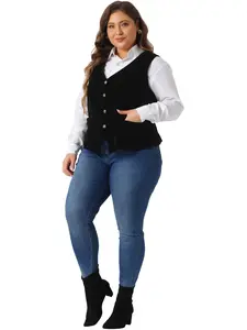 Agnes Orinda Women's Plus Size Vests Waistcoat Steampunk Velvet Sleeveless Button Down V Neck Suit