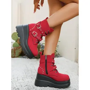 Women’s Punk Wedge Boots, Gothic Platform Shoes, Lace-Up Design, Heavy Metal Buckle & Rivet Decorations, Stylish Footwear for Women