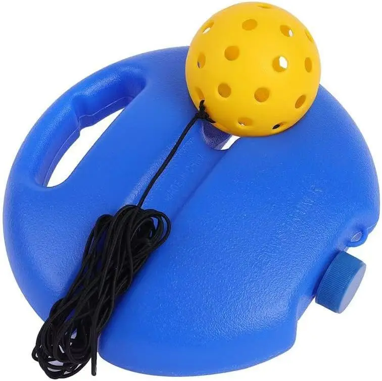 Single Player Pickleball Training Balls Set with Blue Round Weighted Base Fillable with Water Sand Stones for Stability 2 Yellow Balls with Elastic Cords 74mm Diameter 40 Holes 188g Each Ball