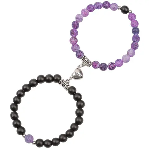 Women's 2-Piece Adjustable Couples Magnetic Heart Charm Beaded Bracelet Set, Stone Bead Costume Jewelry, Cute Boyfriend Gifts, Matching BF and GF Gift Set for Anniversary