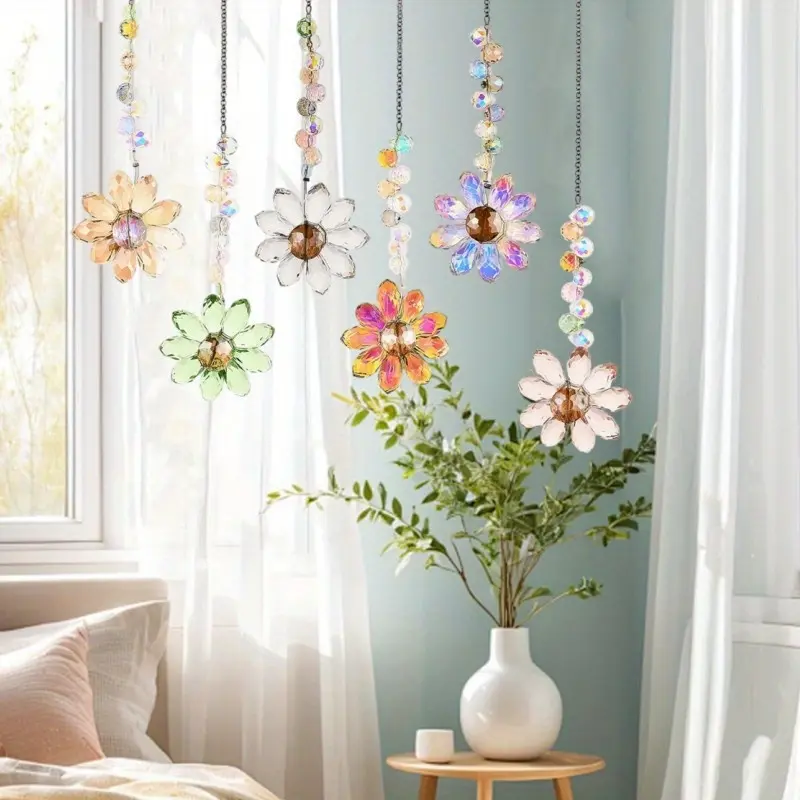 Handmade Suncatchers Set - Vibrant Rainbow Hangable Home Decor Items with Multicolor Crystal Beads, Acrylic-Resistant Floral Bead Hanging Ornaments for Indoor Garden, Holiday Gift, Sunflower