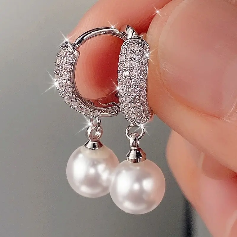 Vintage Elegant Pearl Drop Earring Shiny Zirconia Ear Jewelry for Women Romantic Wedding Bridal Jewelry