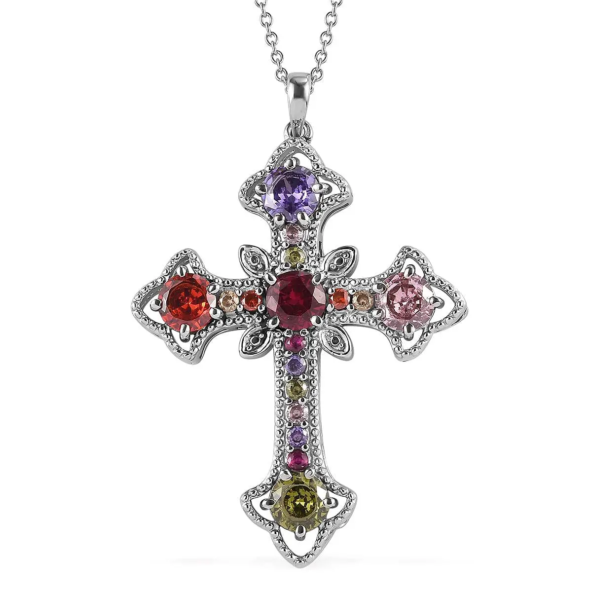 Simulated Multi Color Diamond Cross Pendant Necklace 20 Inches in Stainless Steel