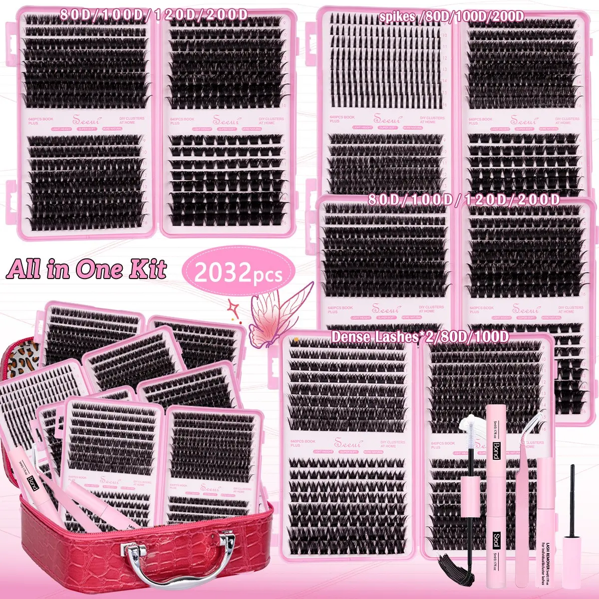 Dense Lash Extension Set DIY Cluster Lashes Gift Packs 4 Boxes Lash Clusters Eyelash Extensions, False Eyelash Extensions, 80-200D, Thick Spikes, With Bond, Seal, Remove, Tweezers, Easy DIY Salon Look at Home Glam Makeup Lashes Extension Kit