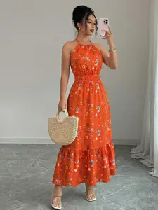 Printed Spaghetti Strap Elastic Waist Casual Women's Dress