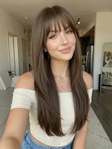 24 Inch Long Straight Hair Wig, Full Bangs Women's Wig, High Temperature Resistant Fashion Casual Wig, All Seasons, Beginner Friendly Wig