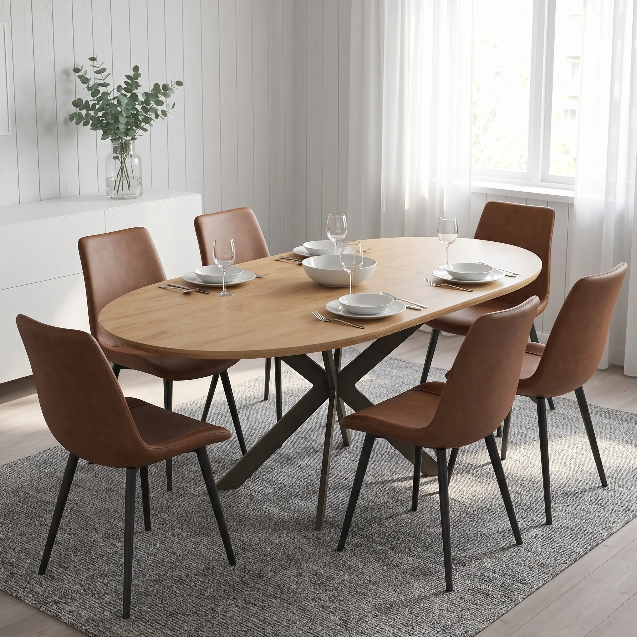 HIPIHOM Nordic Extendable Oval Dining Table Set for 4-6, Natural Wood Grain Kitchen Table with Italian Retro PU Leather Chairs, X-Shaped Black Metal Base, Rounded Anti-Bump Edges, Spacious Legroom, Ergonomic Seating for Home Dining
