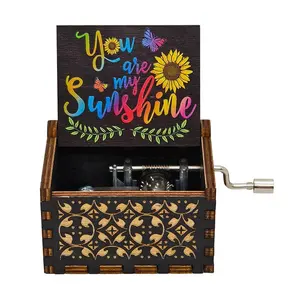 Wooden hand cranked music box, you are my sunshine music painting boutique gift, music box marionette Decoration Items Flower Design Living Room, Star, Home Decor