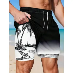 Men's Beach Vacation Lined Print Casual Swim Trunk Shorts,Hawaiian, Beach, Vacation, Surfing