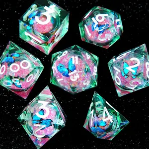Butterfly Pattern Dice Set, 7 Counts/set Handmade Sharp Edge Dice, D&D Polyhedral Dice for Dungeons and Dragons Role Playing Game Resin Dice