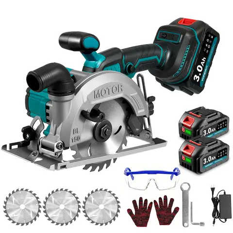 YOFIDRA Cordless Brushless Handheld Circular Saw - 150mm Battery Powered Saw, 48mm Cutting Depth, 45° Bevel, 3 Blades, Dual Batteries, Allen Key, Fast Charger for Wood, Drywall, DIY Projects (With Work Gloves),toolupgrade