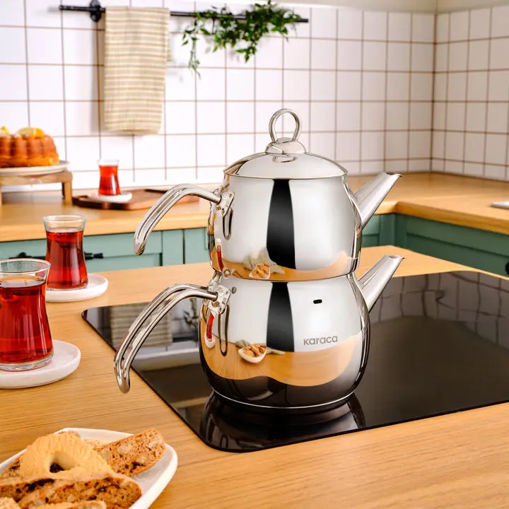 Karaca Belinay Stainless Steel Induction Teapot Set, 1L Teapot & 1.6L Kettle, Silver