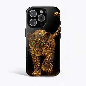 Luxury Glitter Jaguar Phone Case for iPhone 17 16 15 14 13 12 Pro Max Plus - Bling Rhinestone Leopard Aesthetic - Sparkling Gold Animal Cover