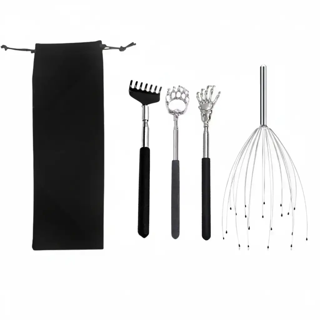 Manual Massage Tool Set with Storage Bag, Stainless Steel, Lightweight, Handy, 4 Counts/set Back Scratcher, Backscratcher, Head Scratcher, Handheld Scratcher, Body Massage Tool, Massagers, Body Care, Relaxation Aid for Home & Travel, Home Spa Equipment