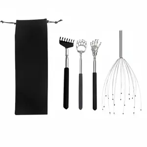 Manual Massage Tool Set with Storage Bag, Stainless Steel, 4 Counts/set Back Scratcher, Head Scratcher, Handheld Scratcher, Body Massage Tool for Home & Travel, Home Spa Equipment