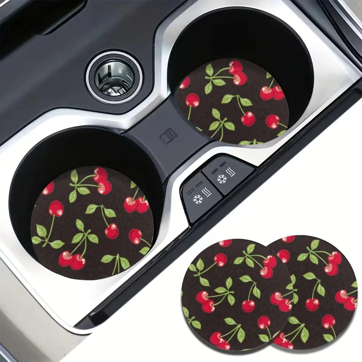 Stylish Cherry Pattern Spill-Proof Car Coaster, Round Anti-slip Car Cup Holder Coaster, Durable Easy-clean Coaster for Car Cup Holding, Car Accessorie