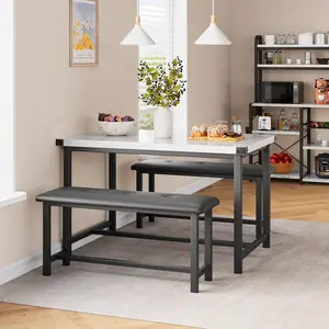 Dining Table Set for 4, Kitchen Table with 2 Upholstered Benches, Rectangular Room Dining Table Set, 3 Piece Kitchen Table Set for Small Space, Apartment, Home, Studio, Marble White