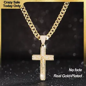 14K Real Gold-Plated Cross Necklace for Men, Advanced Nanotech Tarnish-Free Cuban Figaro Rope Miami Chains with Jesus Crucifix Pendant, 24" Long , Christian Religious Jewelry Gift
