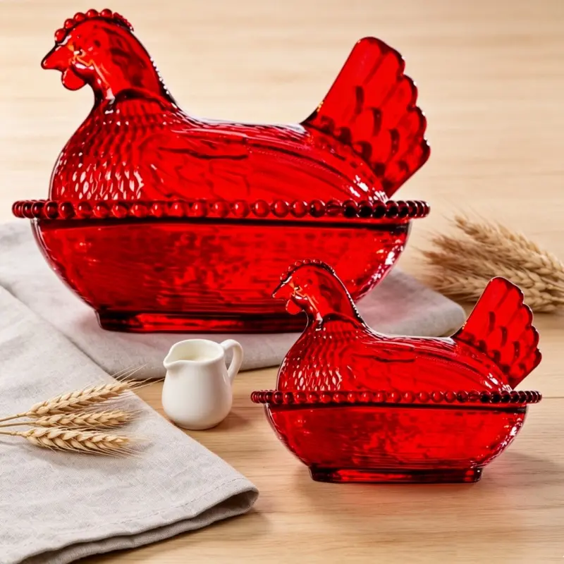 PABHAN Chicken-Shaped Animal Glass Serving Set - Multi-Use Fruit Dessert Bowl, Snack Holder, Egg Dish, Varied Sizes (7in*5.5in, 5.1in*3.5in) Jars, Garden-Style Tray Pad, Exquisite Durable Covered Home Kitchen Organizer Supply, Thanksgiving Gift