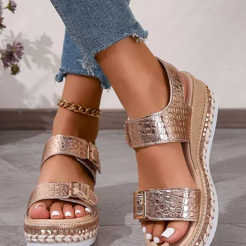 Summer Dressy Women's Platform Gold – Boho Style Elevated Wedge Thick Sole, Studded Bohemian Open-Toe Roman Style Comfortable, Casual, Elegant Summer Fashion Sandals – Plus Size Available for Beach & Leisure