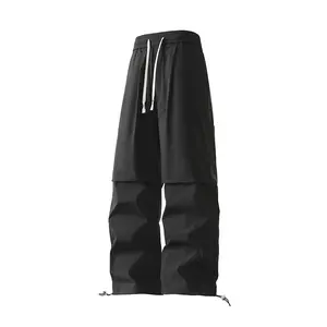 Men's Black Layered Wide-Leg Cargo Pants, Elastic Waist Drawstring Techwear Trousers with Mock Two-Piece Design, Quick-Dry & Lightweight, Perfect for Streetwear, Hiking, Daily Wear, Outdoor Activities and All-Day Comfort