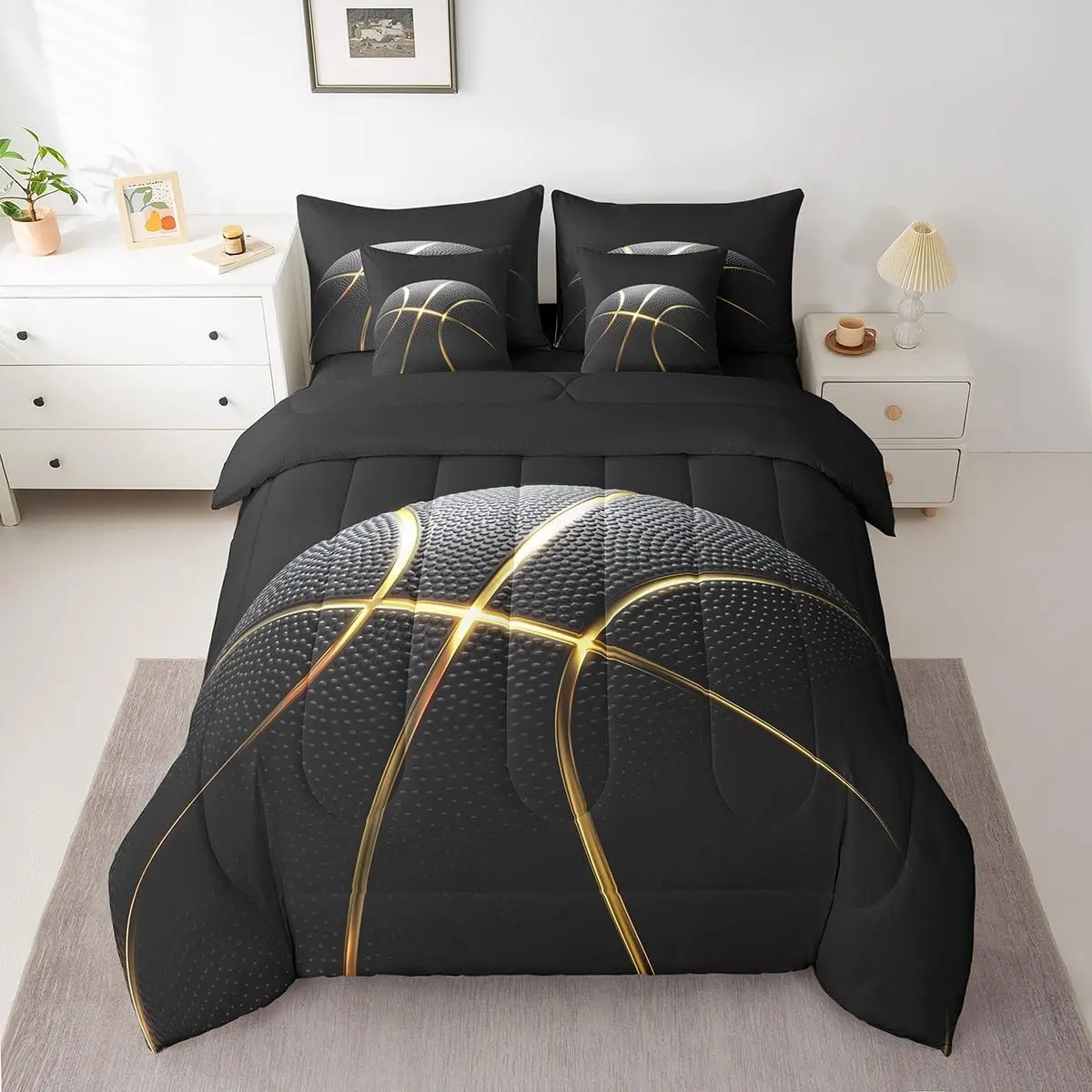 Basketball Bedding Set Gaming Sports Bed in a Bag Ball Games Comforter Set with Sheets 7 Piece Soft Gift for Basketball Lover Gold and Black Room Decor