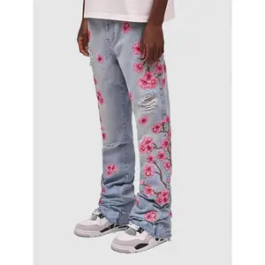 Men's Floral Print Wide-Leg Jeans - Casual Street Style Denim with Pink Flowers and Green Leaves, Machine Washable, All-Season Comfort