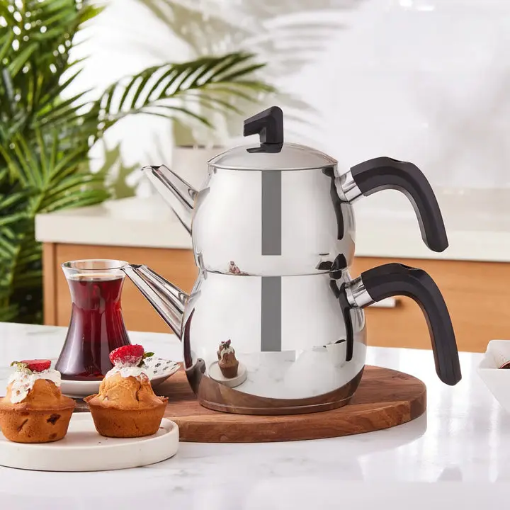 Karaca Belinay Stainless Steel Tea Pot Set, 1.0L Teapot & 1.6L Kettle, Induction Compatible, Silver & Black