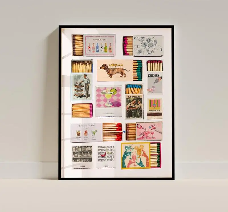 [UNFRAMED POSTER] Vintage Matchbox Print, Trendy Matches Poster, Retro Matchbook Wall Art, Bar Cart Aesthetic Print for Apartment Decor Decoration