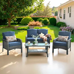 Ovios 4-Piece Outdoor Patio Furniture Set, High Back Grey Wicker Sofa Set with Cushions and Coffee Table, All-Weather Conversation Set for Backyard Porch Deck Garden Balcony Seating Furniture