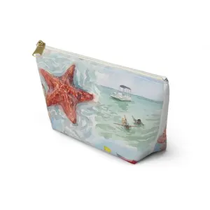 Polyester Fabric Wrinkle-Resistant Starfish Beach Illustration Accessory Pouch, Coastal Seashell Make-Up Bag