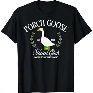 Cotton Women's Porch Goose Social Club Print T-Shirt Funny Goose Lover Casual Short Sleeve Top
